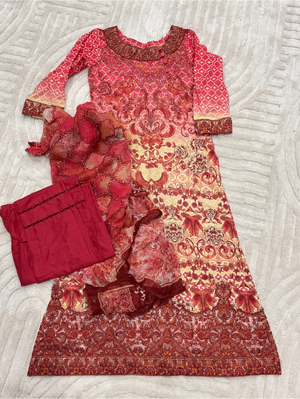 Red Patterned Ethnic three piece